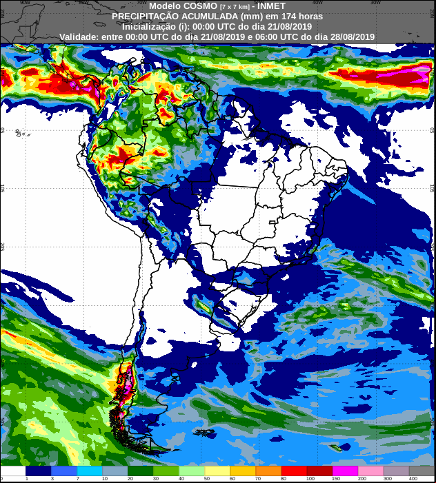 Mapa de precipitação acumulada para os próximos 7 dias em todo o Brasil - Fonte: Inmet