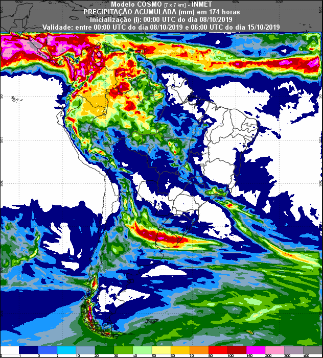 Mapa de precipitação acumulada para os próximos 7 dias em todo o Brasil - Fonte: Inmet