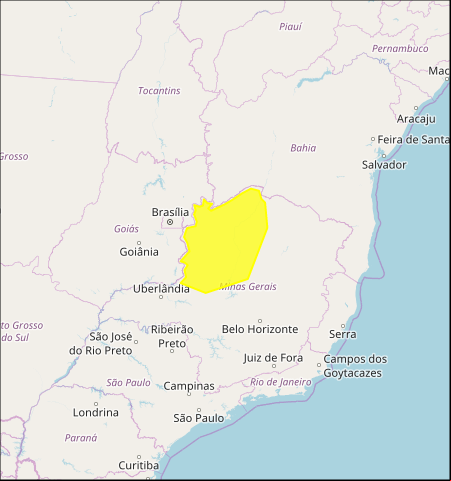 Mapa das áreas com previsão de chuvas intensas nesta 4ª feira / MG - Fonte: Inmet