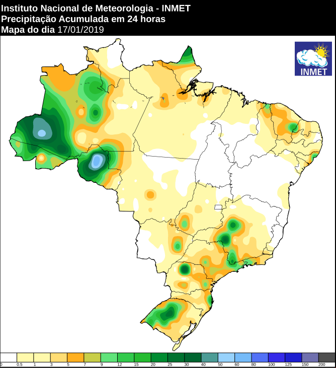 Mapa de precipitação acumulada nas últimas 24 horas em todo o Brasil - Fonte: Inmet