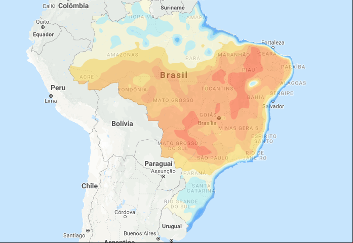 Mapa de água disponível no solo em todo o Brasil - Fonte: Climatempo