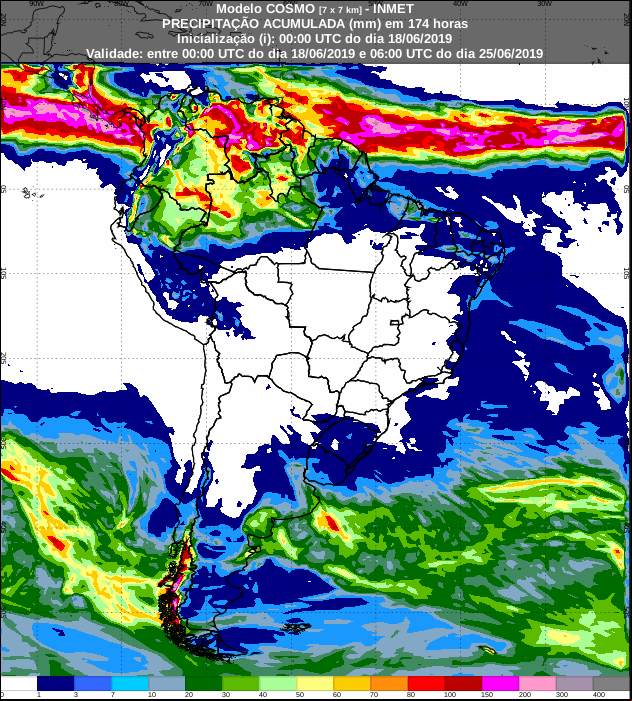 Mapa com a previsão de precipitação acumulada para os próximos sete dias - Fonte: Inmet