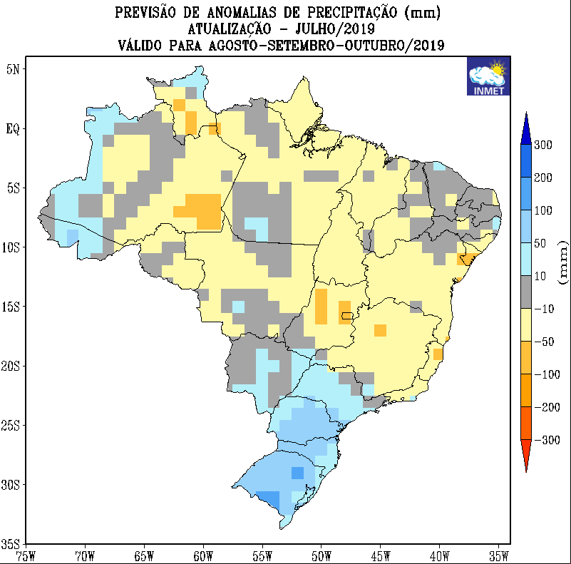 Mapa de previsão de anomalias de precipitação do Inmet para agosto, setembro e outubro - Fonte: Inmet