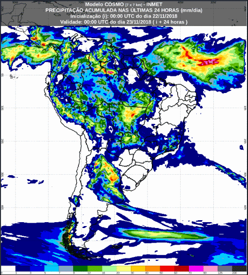 Mapa com a previsão de precipitação acumulada para até 72 horas (23/11 a 25/11) em todo o Brasil - ​Fonte: Inmet