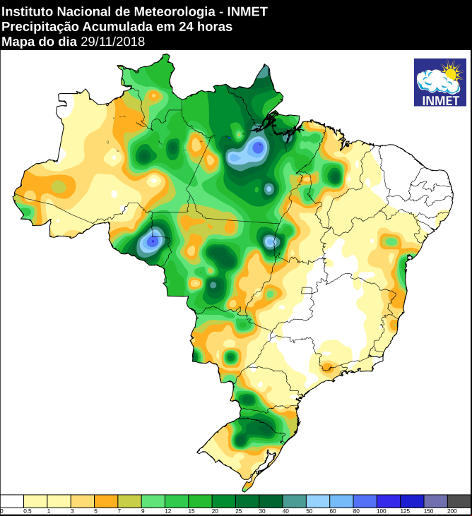 Mapa de precipitação acumulada nas últimas 24 horas em todo o Brasil - Fonte: Inmet