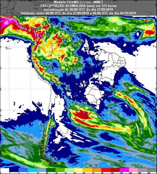 Mapa de precipitação acumulada para os próximos 7 dias em todo o Brasil - Fonte: Inmet
