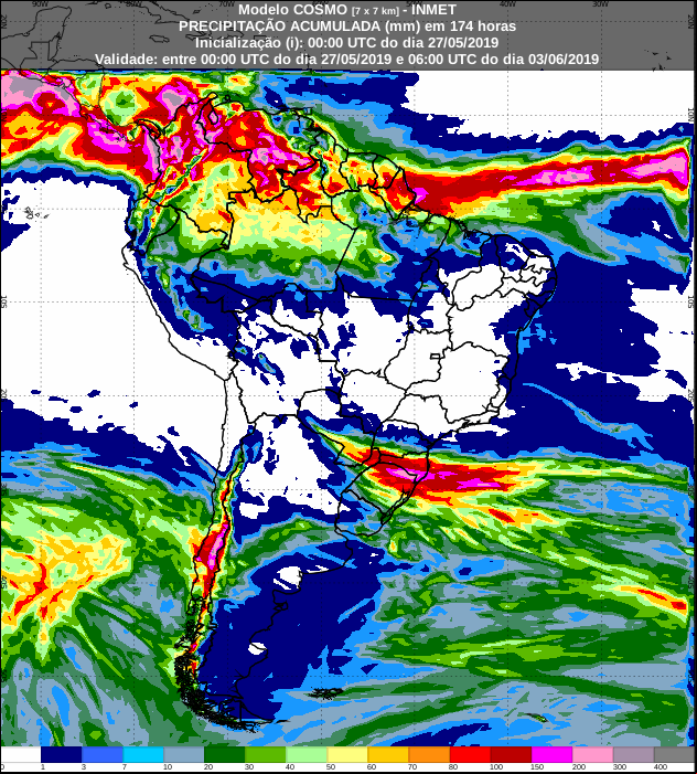 Mapa com a previsão de precipitação acumulada para os próximos sete dias - Fonte: Inmet