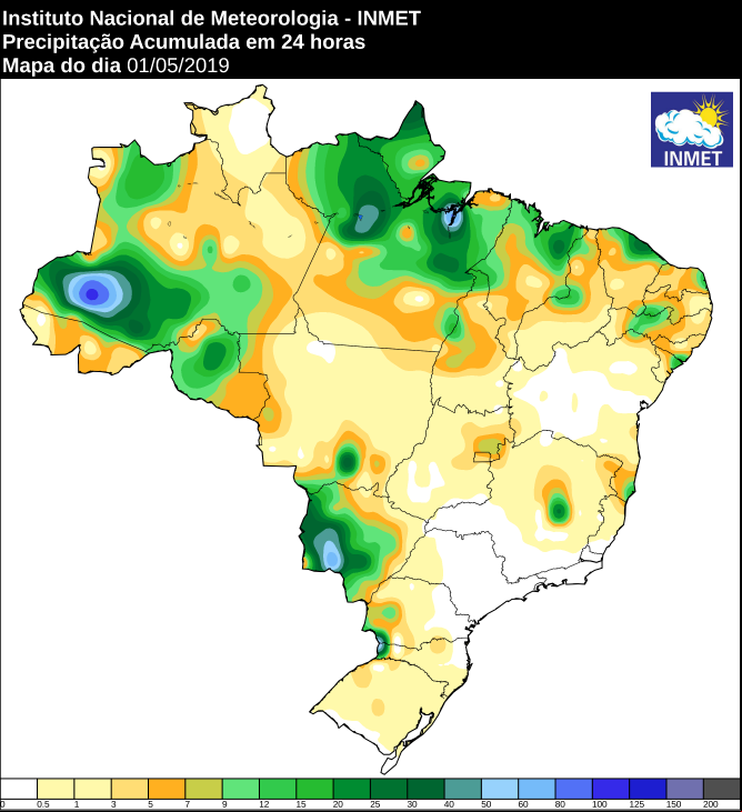 Mapa das áreas com precipitação acumulada nas últimas 24 horas - Fonte: Inmet