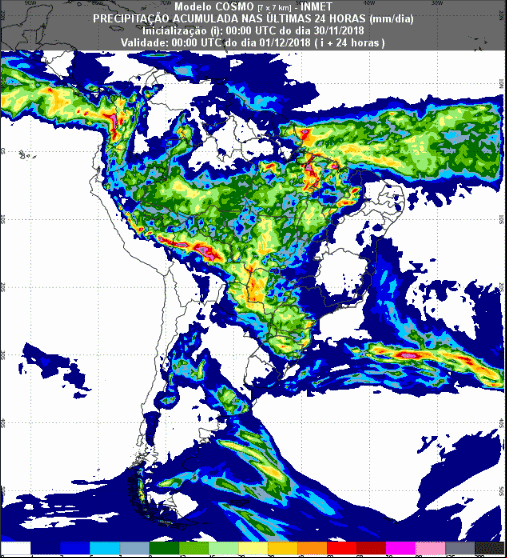 Mapa com a previsão de precipitação acumulada para até 72 horas (01/12 a 03/12) em todo o Brasil - Fonte: Inmet