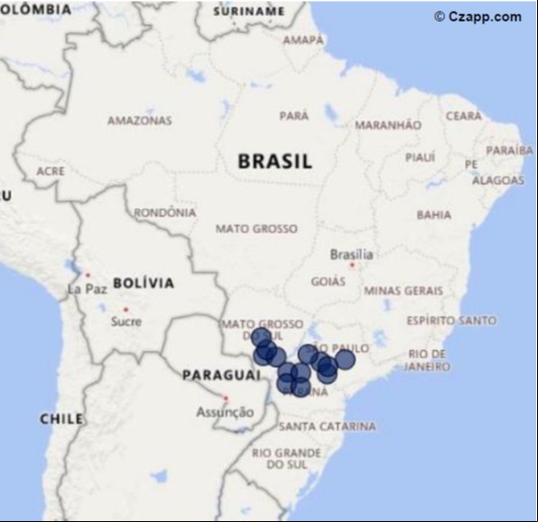Mapa com as áreas de canaviais que podem ser atingidas por geadas na quarta-feira - Fonte: Czarnikow