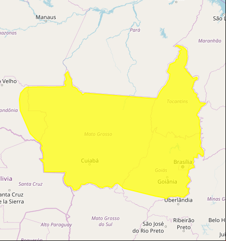 Mapa das áreas com previsão de chuvas intensas nesta 5ª feira - Fonte: Inmet