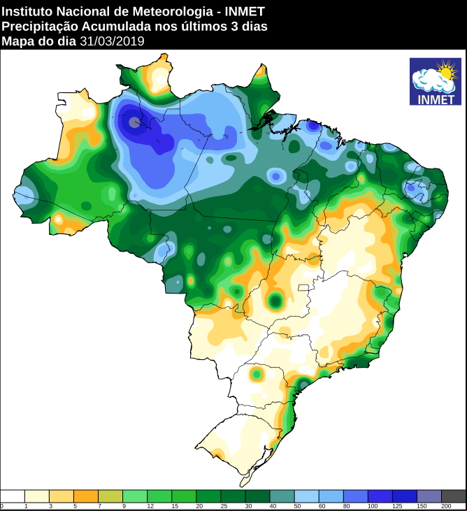 Mapa das áreas com precipitação acumulada nos últimos 3 dias - Fonte: Inmet