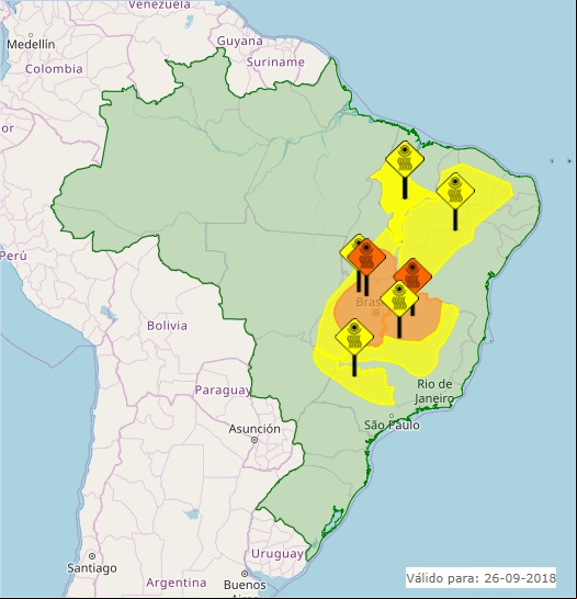 Mapa das áreas com previsão de baixa umidade nesta quarta-feira - Fonte: Inmet