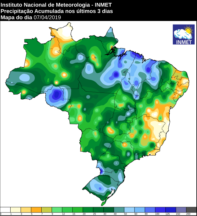 Mapa das áreas com precipitação acumulada nos últimos 3 dias - Fonte: Inmet