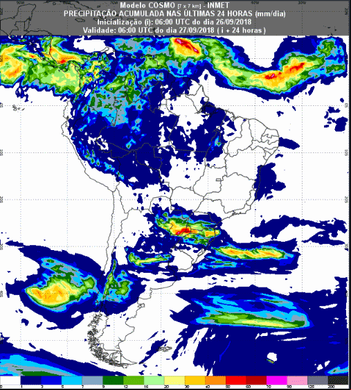 Mapa com a previsão de precipitação acumulada para até 72 horas (27/08 a 29/09) em todo o Brasil - Fonte: Inmet