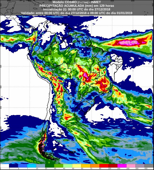 Mapa de precipitação acumulada dos próximos 7 dias em todo o Brasil - Fonte: Inmet