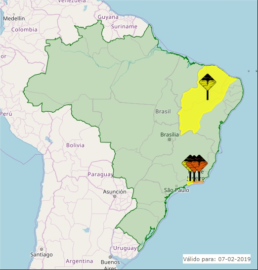 Mapa das áreas com alerta de chuvas intensas nesta 5ª - Fonte: Inmet