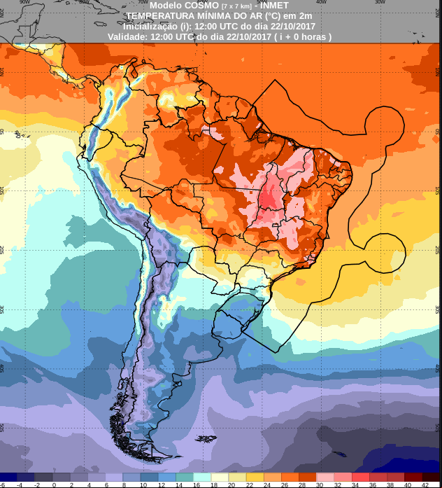 Mapa com a previsão de temperatura mínima para até 9 horas (19/10 a 25/10) para todo o Brasil - Fonte: Inmet