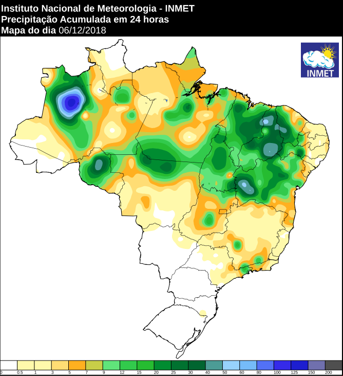 Mapa de precipitação acumulada nas últimas 24 horas em todo o Brasil - Fonte: Inmet