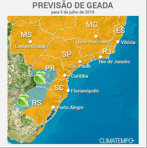 Mapa das áreas com previsão de geada no dia 05 de julho - Fonte: Climatempo