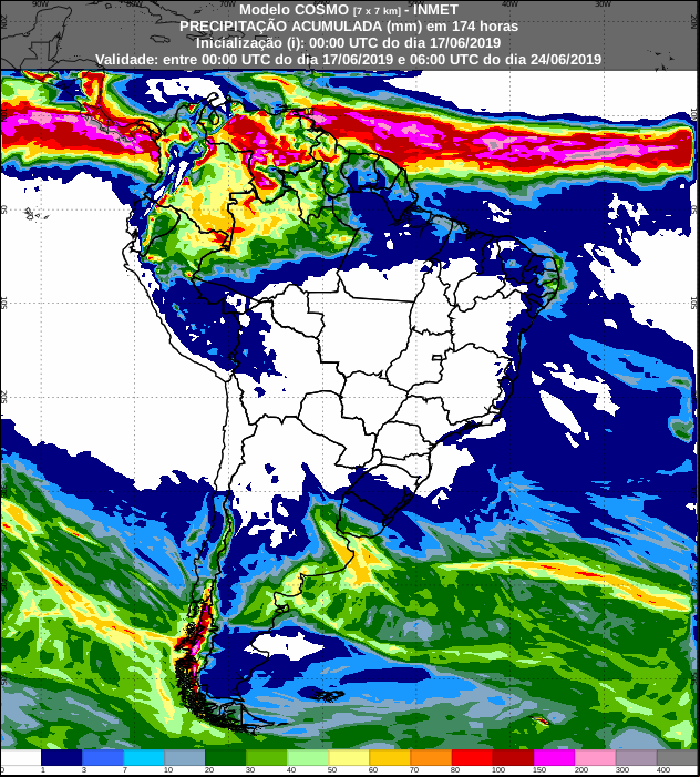 Mapa com a previsão de precipitação acumulada para os próximos sete dias - Fonte: Inmet