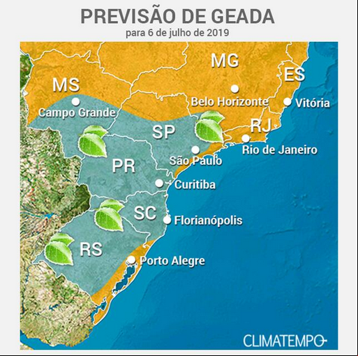 Mapa das áreas com previsão de geada no dia 06 de julho - Fonte: Inmet