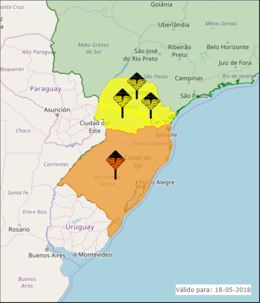 Mapa das áreas com previsão de chuvas intensas e tempestades nesta 6ª feira - Fonte: Inmet