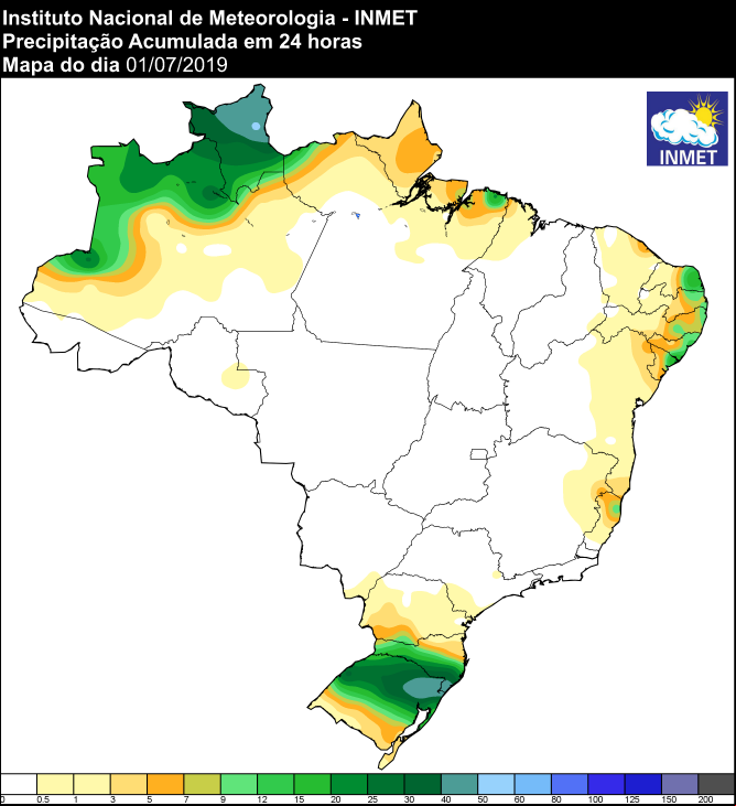 Mapa das áreas com precipitação acumulada nas últimas 24 horas - Fonte: Inmet