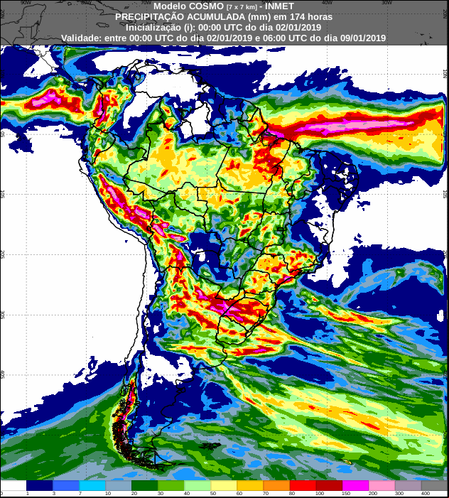 Mapa de precipitação acumulada dos próximos 7 dias em todo o Brasil - Fonte: Inmet