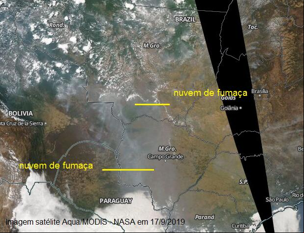 Fumaça sobre Mato Grosso e Mato Grosso do Sul em 17/9/2019 - Fonte: Climatempo
