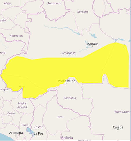 Mapa das áreas com previsão de chuvas intensas nesta 3ª feira AM /PA - Fonte: Inmet