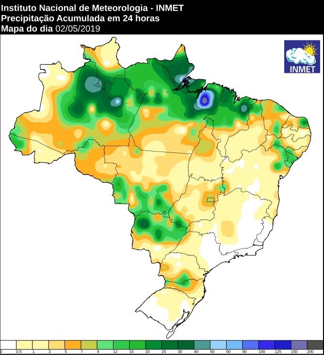 Mapa das áreas com precipitação acumulada nas últimas 24 horas - Fonte: Inmet