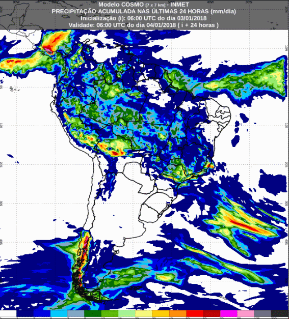 Mapa com a previsão de precipitação acumulada para até 72 horas (04/12 a 06/12) para todo o Brasil - Fonte: Inmet