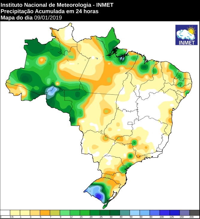 Mapa de precipitação acumulada nas últimas 24 horas em todo o Brasil - Fonte: Inmet