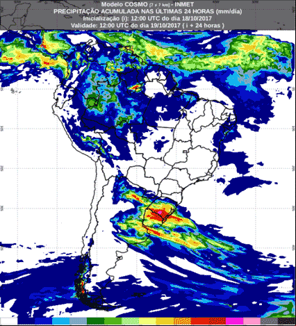 pa com a previsão de precipitação acumulada para até 174 horas (19/10 a 25/10) para todo do Brasil -  Fonte: Inmet