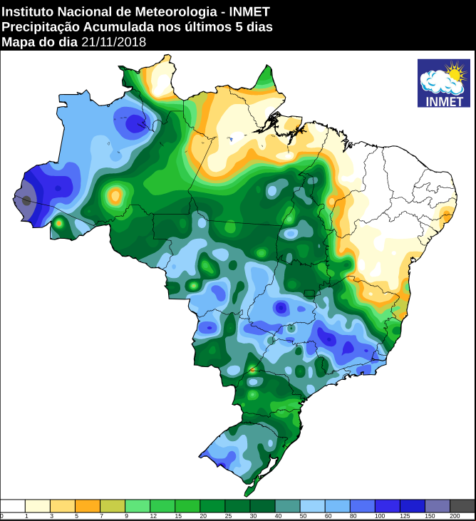 Mapa de precipitação acumulada nos últimos 5 dias em todo o Brasil - Fonte: Inmet