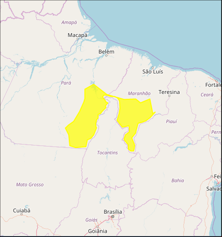 Mapa das áreas com previsão de chuvas intensas nesta 4ª e 5ª feira - Fonte: Inmet