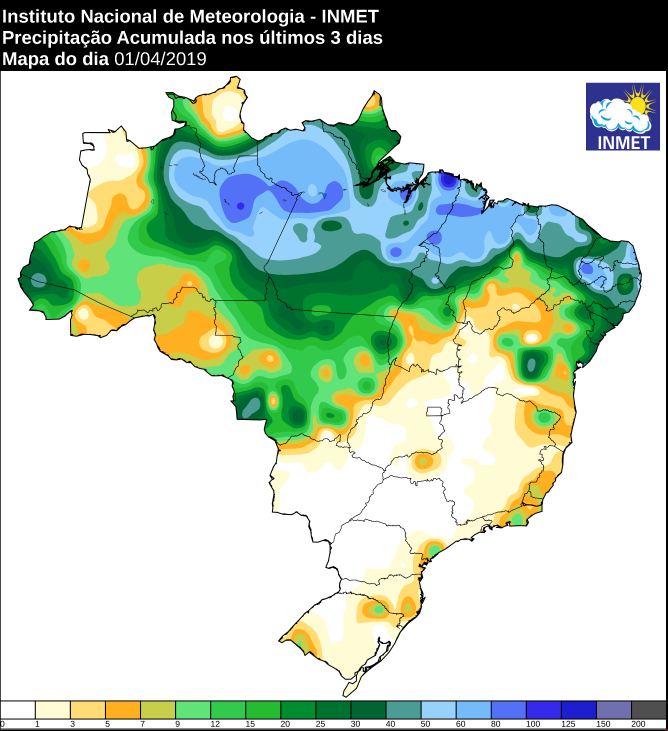 Mapa das áreas com precipitação acumulada nos últimos 3 dias - Fonte: Inmet
