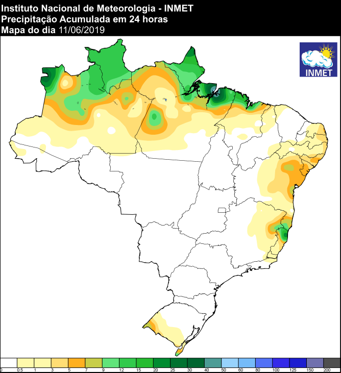 Mapa de precipitação acumulada nas últimas 24 horas - Fonte: Inmet