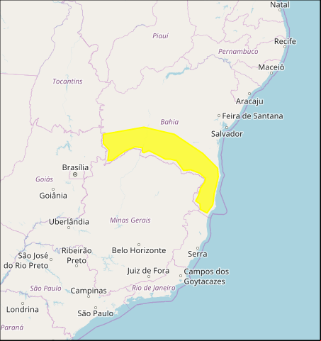 Mapa das áreas com acumulado de chuva nesta 2ª e 3ª feira - BA - Fonte: Inmet