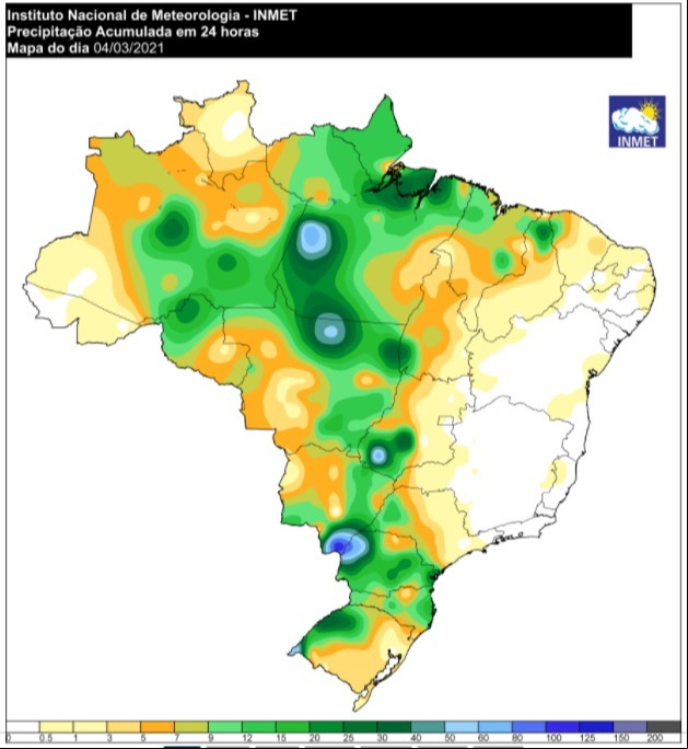 Mapa de acumulado de chuvas em 1 dia - 04.03.2021 - Fonte: Inmet