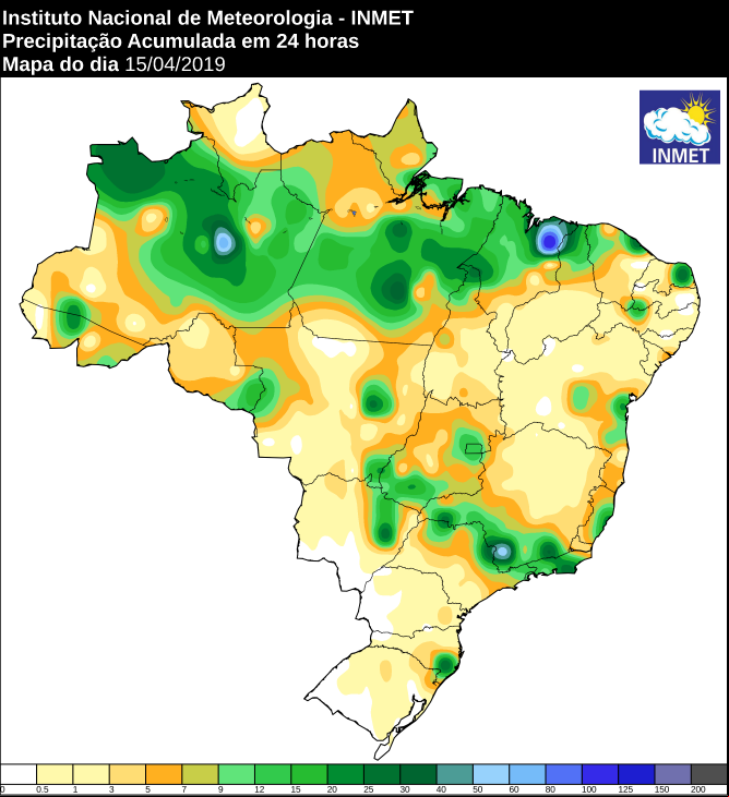 Mapa das áreas com precipitação acumulada nas últimas 24 horas - Fonte: Inmet