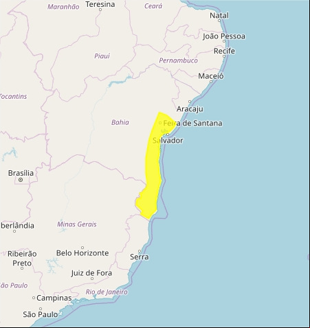 Mapa das áreas com previsão de acumulado de chuvas nesta 5ª feira - Fonte: Inmet