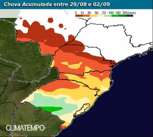 Mapa de precipitação acumulada de 29/08 a 02/09 - Fonte: Climatempo