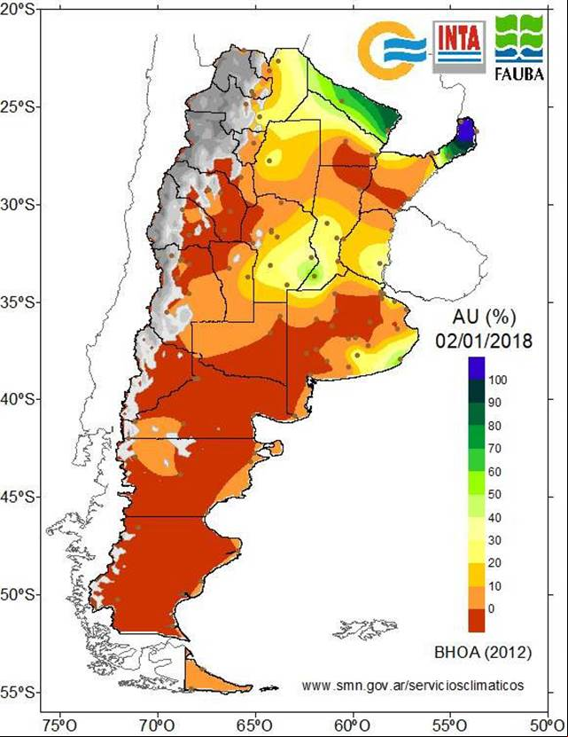 Porcentagem de água útil nos solos argentinos em 02/01/2018 (Fonte: La Nación)