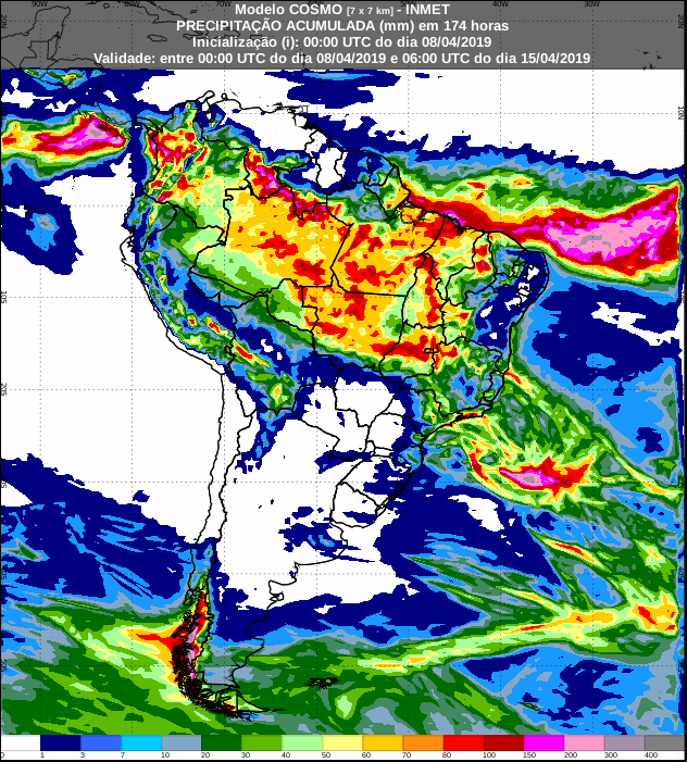 Mapa de precipitação acumulada dos próximos 7 dias no Brasil - Fonte: Inmet