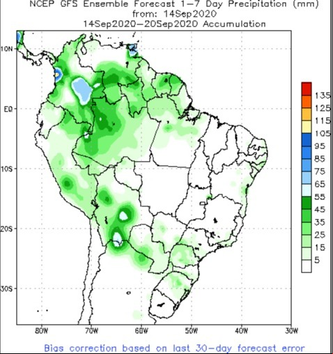 Chuvas B 14 a 20/09 Modelo GFS- Fonte: NOAA