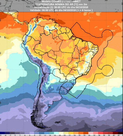 Mapa com a previsão de temperatura mínima para até 72 horas (04/10 a 06/10) em todo o Brasil - Fonte: Inmet