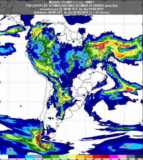 Mapa com a previsão de precipitação acumulada para até 72 horas (02/04 a 04/04) em todo o Brasil - Fonte: Inmet