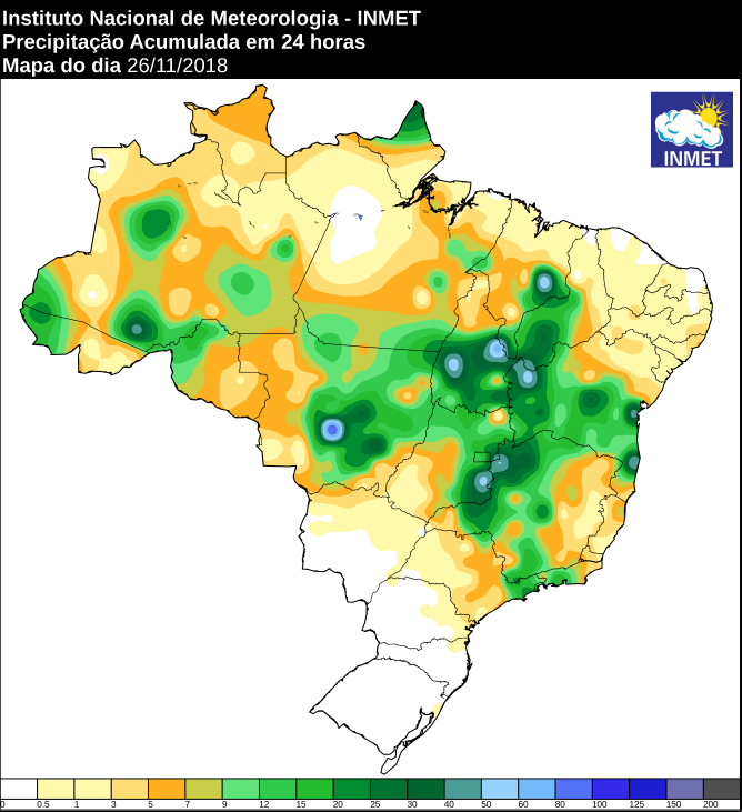 Mapa de precipitação acumulada nas últimas 24 horas em todo o Brasil - Fonte: Inmet